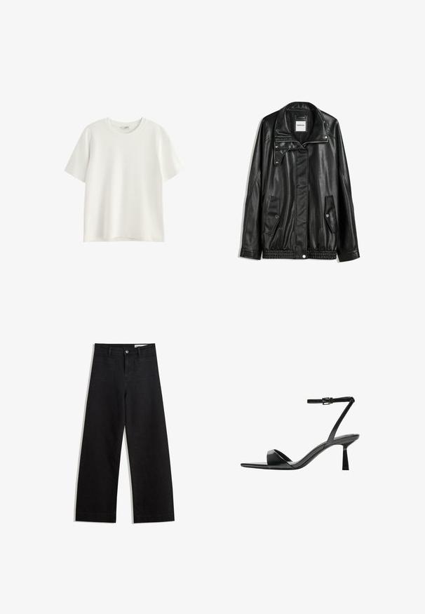 Zwarte leren jas met rits aan de voorkant, drukknopen-sluiting, twee zijzakken en elastische onderrand. Beschikt over een gestructureerde kraag en een gladde textuur.; Korte mouwen witte t-shirt gemaakt van zachte katoen. Ronde halsontwerp met een ontspannen pasvorm. Geen zichtbare patronen of grafische afbeeldingen.; Zwarte denim broek met wijde pijpen en een hoge taille, voorzien van voor- en achterzakken, gestikte naden en een knoopsluiting. Gladde textuur.; Bershka Sandalen met hoge hak - black