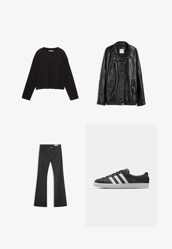 Fekete bőrkabát cipzáros elejével, patentos záródással, két oldalsó zsebbel és elasztikus aljjal. Struktúrált gallérral és sima textúrával rendelkezik.; Fekete, hosszú ujjú, rövidített póló, puha pamutból készült. Kerek nyakkivágással és laza fit-ettel rendelkezik, ejtett vállakkal. Nincsenek látható minták vagy díszítések.; Fekete, sima textúrájú farmer flare nadrág, két hátsó zsebbel és gombos derékkal.; Fekete bőr sneaker fehér háromcsíkkal, kerek orral, lapos fehér gumitalppal és márkázott részlettel az oldalon.