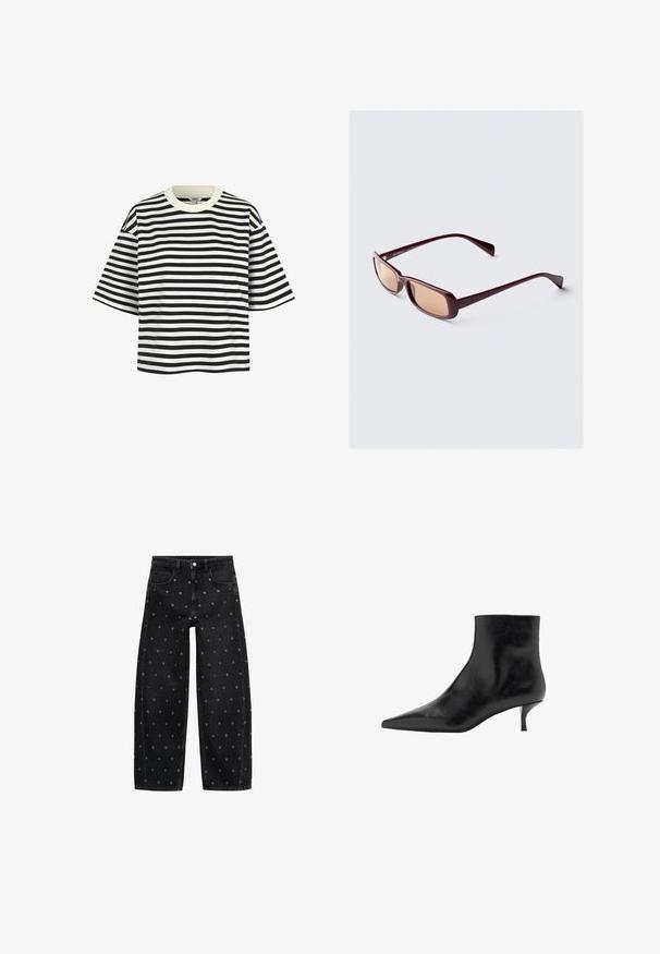 Jachetă din piele neagră cu fermoar frontal, închidere cu capse, două buzunare laterale și tiv elastic. Prezintă un guler structurat și o textură netedă.; Tricou cu mânecă scurtă, în dungi alb-negru, cu guler rotund și croială lejera. Materialul pare neted, cu dungi orizontale la distanță uniformă.; Jeans din denim negru, cu picioare largi, având un model de mici gromete argintii, cu un design clasic cu cinci buzunare și închidere cu buton în față.; Botine negre din piele, cu vârf ascuțit, toc subțire tip kitten și textură netedă. Design simplu, fără accente decorative.; Ochelari de soare burgund cu rame dreptunghiulare, lentile degradate și brațe elegante. Materialul are o finisare netedă, lucioasă.