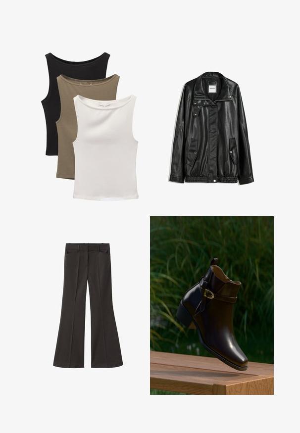 Črna usnjena jakna z zadrgo spredaj, zapiranjem na gumb, dvema stranskima žepoma in elastičnim robom. Ima strukturiran ovratnik in gladko teksturo.; Trii brezrokavniki zloženi: črn, olivno zeleni in beli. Tkanina je gladek, raztegljiv material z zaobljenimi ovratniki in brez vzorcev.; Črne razširjene hlače z visokim pasom; vključujejo dva sprednja žepa in gladko teksturo tkanine. Primerne za različne priložnosti.; Svetleče temno rjave gležnjarje z nizko peto in zlatim zaponko, ki lebdi nad leseno površino, z zeleno travo v ozadju.