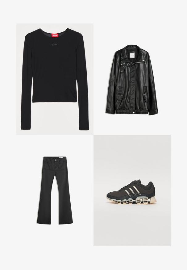 Fekete bőrkabát cipzáros elejével, patentos záródással, két oldalsó zsebbel és elasztikus aljjal. Struktúrált gallérral és sima textúrával rendelkezik.; Fekete, hosszú ujjú póló kerek nyakkivágással. Puha anyagból készült, diszkrét logóval a mellkasán és egyenes aljjal.; Fekete, sima textúrájú farmer flare nadrág, két hátsó zsebbel és gombos derékkal.; Fekete sportcipő texturált felsőrésszel, három ezüst csíkkal, és egy jellegzetes párnázott talppal, amely több integrált szakaszból áll.