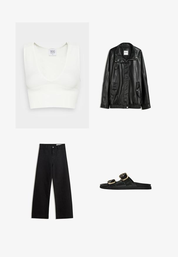 Jachetă din piele neagră cu fermoar frontal, închidere cu capse, două buzunare laterale și tiv elastic. Prezintă un guler structurat și o textură netedă.; Top scurt alb cu dungi, cu decolteu în V adânc și bretele late. Eticheta este vizibilă cu numele brandului "BDG" și mărimea "S." Textură netedă.; Pantaloni din denim negri cu picioare largi, cu talie înaltă, având buzunare frontale și posterioare, cusături dublate și închidere cu nasture. Textură netedă.; Sandalie negre cu toc plat, cu două accente de cataramă aurie, din material texturat neted și design minimalist.