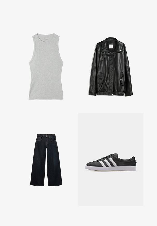 Giubbotto in pelle nera con zip frontale, chiusura a bottoni a pressione, due tasche laterali e orlo elasticizzato. Presenta un colletto strutturato e una texture liscia.; Tezenis Top - grau grigio melange chiaro; Jeans in denim scuro a gamba larga con vita alta, caratterizzati da cuciture a contrasto, tasche anteriori e un design minimalista.; Sneaker in pelle nera con design a tre strisce bianche, punta arrotondata, suola piatta in gomma bianca e dettaglio del marchio sul lato.