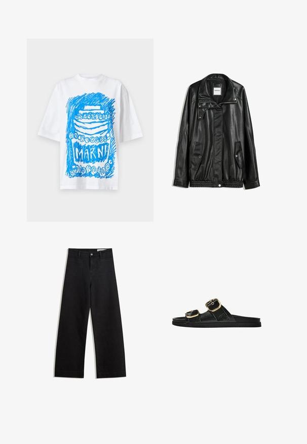 Sort læderjakke med lynlås foran, trykknaplukning, to sidelommer og elastisk kant. Har en struktureret krave og glat overflade.; Hvid kortærmet t-shirt med et blåt mønstret kagegrafik og teksten "MARNI" i fed skrift nedenfor.; Sorte wide-leg denim bukser med høj talje, der har front- og baglommer, syede sømme og en knaplukning. Glat tekstur.; Sort skridsandal med to guldspænder, glat tekstureret materiale, flad sål og et minimalistisk design.