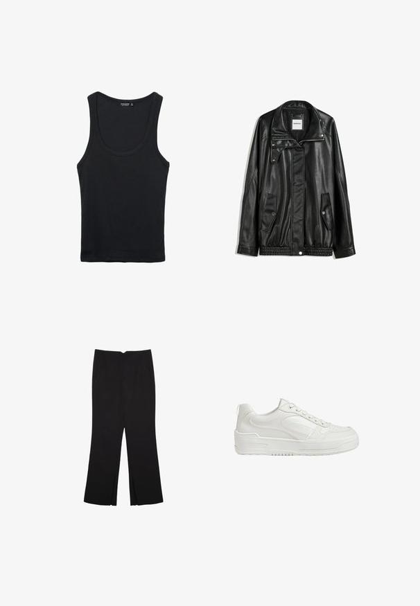 Giubbotto in pelle nera con zip frontale, chiusura a bottoni a pressione, due tasche laterali e orlo elasticizzato. Presenta un colletto strutturato e una texture liscia.; Top in cotone nero senza maniche con scollatura arrotondata e spalline larghe. Presenta una texture liscia e un design classico, aderente.; Pantaloni neri a gamba dritta, con tasche frontali e spacchi laterali all'orlo. Realizzati in tessuto morbido e liscio. Adatti a diverse occasioni.; Sneakers bianchi in pelle con texture liscia, caviglia imbottita e punta perforata. Presentano una suola in gomma leggermente sollevata e un design con lacci.