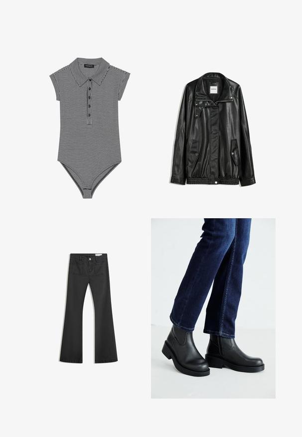 Black leather jacket with zippered front, snap-button closure, two side pockets, and elasticized hem. Features a structured collar and smooth texture.; Black and white striped bodysuit with a collared neckline, short cap sleeves, and five-button placket. Smooth jersey texture.; Black flared jeans made of denim with a smooth texture, featuring two back pockets and a button closure at the waist.; Black leather ankle boots with a chunky sole and side elastic panels, paired with dark blue jeans. The ground is light-colored.