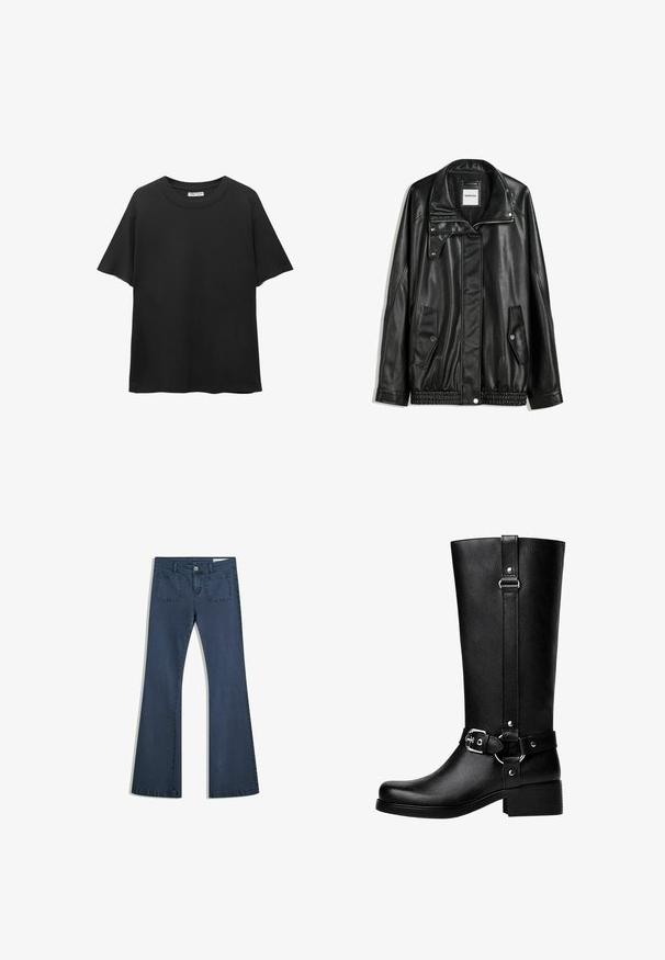 Jachetă din piele neagră cu fermoar frontal, închidere cu capse, două buzunare laterale și tiv elastic. Prezintă un guler structurat și o textură netedă.; Tricou negru din bumbac, cu guler rotund, mânecă scurtă și o croială lejeră, având o textură fină.; Jeans din denim de un albastru închis, cu o croială evazată, buzunare cusute, închidere cu nasture și o textură netedă. Are un design clasic cu cinci buzunare.; Cizme înalte din piele ecologică neagră, cu vârf rotund, detalii cu cataramă de accent și toc gros. Textură netedă și cusătură verticală pe tijă.