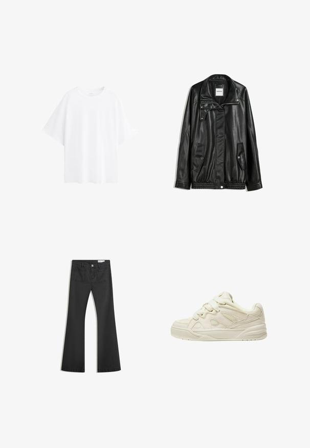 Černá kožená bunda s zipovým zapínáním, zapínáním na cvoky, dvěma bočními kapsami a elastickým lemem. Obsahuje strukturovaný límec a hladkou texturu.; Bílý oversize tričko vyrobené z bavlny, s krátkými rukávy, kulatým výstřihem a hladkou texturou. Bez vzorů nebo akcentů.; Černé rozšířené džíny vyrobené z jemného džínsového materiálu, se dvěma zadními kapsami a zapínáním na knoflík v pase.; Beige tenisky s texturovaným svrškem, výraznými tkaničkami, síťovinovými panely a silnou podrážkou. Zakřivený design s měkkým límcem pro pohodlí.