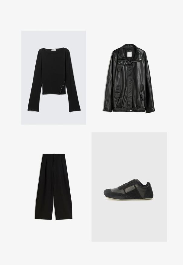 Čierna kožená bunda s predným zipsom, skladacím zapínaním, dvoma bočnými vreckami a elastickým spodným okrajom. Má štruktúrovaný golier a hladkú textúru.; Čierny dlhý rukáv top vyrobený z hladkej látky, s lodným výstrihom, skrátenou dĺžkou a bočným detailom so striebornými cvokmi.; Čierne široké nohavice vyrobené z hladkej tkaniny, s vysokým pásom, záhybmi vpredu a žiadnymi viditeľnými ozdobami alebo vzormi.; Čierna športová obuv vyrobená z semišových a kožených materiálov. Obsahuje zaoblenú špičku, šnurovanie, textúrované akcenty a flexibilnú podrážku.