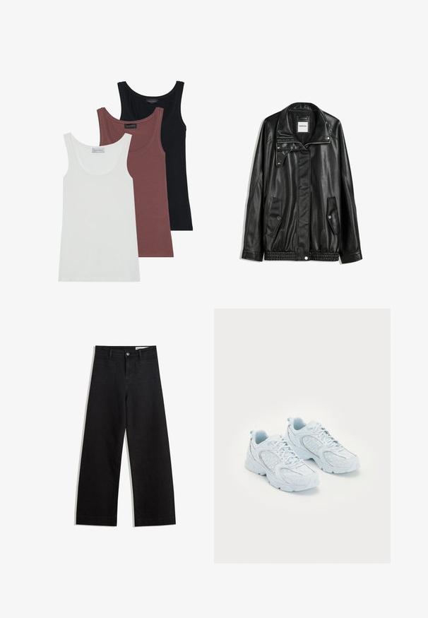 Black leather jacket with zippered front, snap-button closure, two side pockets, and elasticized hem. Features a structured collar and smooth texture.; Three tank tops in white, burgundy, and black. Each features a scoop neckline and thin straps, made of soft, stretchy fabric.; Black wide-leg denim pants with a high waist, featuring front and back pockets, stitched seams, and a button closure. Smooth texture.; Light blue athletic shoes with a mesh and synthetic upper, featuring white polka dots and reflective accents, lace-up design, and cushioned soles.