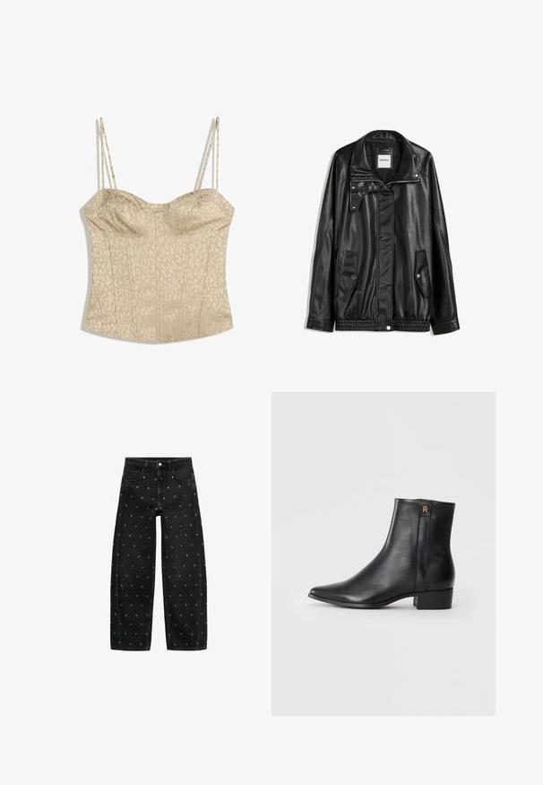 Giubbotto in pelle nera con zip frontale, chiusura a bottoni a pressione, due tasche laterali e orlo elasticizzato. Presenta un colletto strutturato e una texture liscia.; Top corsetto beige con stampa leopardata, dotato di sottili spalline regolabili, un design strutturato e cuciture verticali per dare forma.; Jeans a gamba larga in denim nero con un motivo di piccoli occhielli in argento, dotati di un classico design a cinque tasche e chiusura con bottone.; Stivaletti neri in pelle con punta appuntita, texture liscia, tacco basso a blocco e logo decorativo dorato sul lato.
