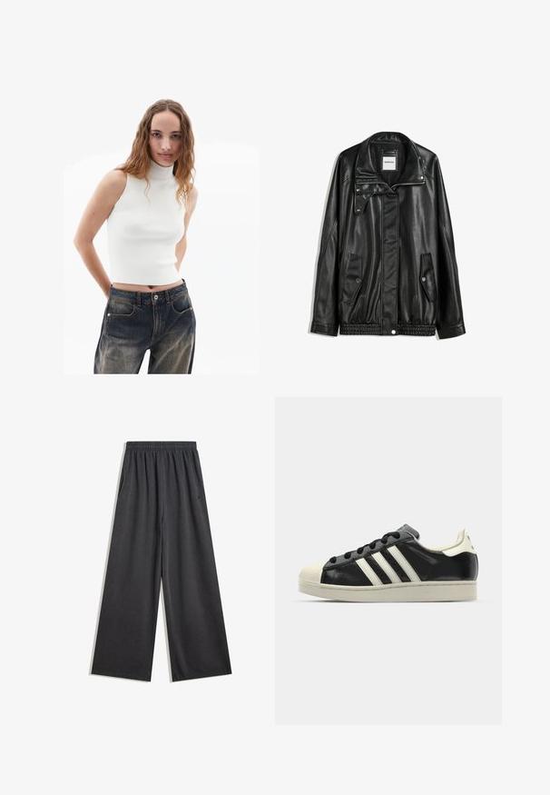 Schwarze Lederjacke mit Reißverschluss vorne, Knopfverschluss, zwei seitlichen Taschen und elastischem Saum. Verfügt über einen strukturierten Kragen und eine glatte Textur.; Weißes ärmelloses, geripptes Rollkragenoberteil kombiniert mit blauen, hoch taillierten Jeans aus Denim, die vordere Taschen und eine leichte Ausbleichung aufweisen.; Schwarze, weit geschnittene Hose aus einem weichen Stoff, mit elastischem Bund und Seitentaschen. Glatte Textur mit sauberer Naht.; Schwarze Ledersneaker mit weißen Streifen, Gummikappe, schwarzen Schnürsenkeln und einer cremefarbenen Sohle. Glatte Textur mit glänzender Oberfläche.