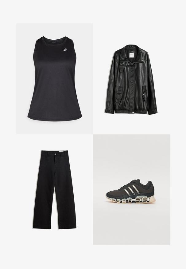 Jachetă din piele neagră cu fermoar frontal, închidere cu capse, două buzunare laterale și tiv elastic. Prezintă un guler structurat și o textură netedă.; Top sport negru dintr-un material ușor și respirabil. Are un decolteu rotund și un logo subtil în partea stângă sus.; Pantaloni din denim negri cu picioare largi, cu talie înaltă, având buzunare frontale și posterioare, cusături dublate și închidere cu nasture. Textură netedă.; Pantof cu aspect sport de culoare neagră, cu un superior texturat, trei dungi argintii și o talpă de amortizare distinctivă, ce prezintă multiple secțiuni integrate.