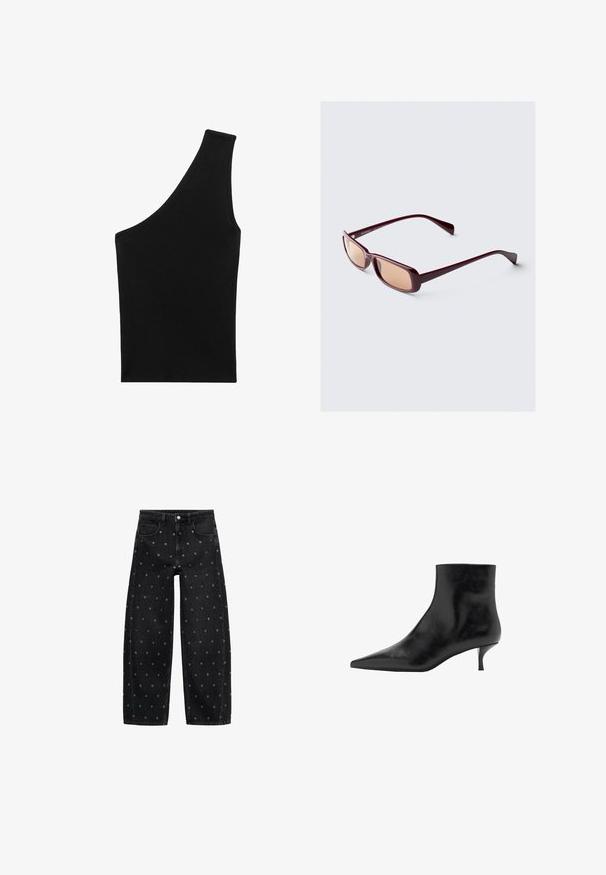 Crna kožna jakna s patentnim zatvaračem sprijeda, zatvaračem na gumbe, dvjema bočnim džepovima i elastičnim rubom. Ima strukturirani ovratnik i glatku teksturu.; Crna, rebrasta pletena majica s jedinstvenom asimetričnom siluetom i jednim naramenicom. Glatka tekstura, bez vidljivih metalnih dijelova ili uzorka.; Crne traperice širih nogavica s uzorkom malih srebrnih grometa, klasičnog dizajna s pet džepova i zatvaranjem na kopčanje.; Crne kožne čizme do gležnja s uskim vrhom, vitkim petom i glatkom teksturom. Jednostavan dizajn, bez dekorativnih aksesoara.; Bordo sunčane naočale s pravokutnim okvirima, sjenovitim naočalama i elegantnim rukama. Materijal ima glatku, sjajnu završnu obradu.