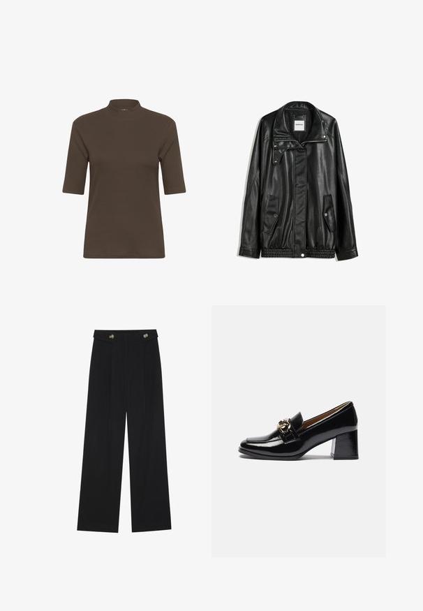 Black leather jacket with zippered front, snap-button closure, two side pockets, and elasticized hem. Features a structured collar and smooth texture.; Brown ribbed t-shirt with a mock neck and short sleeves, featuring a smooth texture and a fitted shape.; Black wide-leg trousers with high waist, button details on waistband, and front pleats.; Black patent leather heeled loafers featuring a rounded toe, chunkier heel, and a gold-tone hardware accent on the front strap.