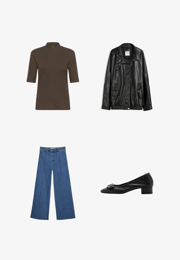 Črna usnjena jakna z zadrgo spredaj, zapiranjem na gumb, dvema stranskima žepoma in elastičnim robom. Ima strukturiran ovratnik in gladko teksturo.; Rjava rebrasta majica s kratkimi rokavi in simuliranim ovratnikom, s gladko teksturo in oprijetim krojem.; Jeans širokih nogavic v srednji modri barvi, z visokim pasom, gumbom in kontrastnimi navpičnimi šivi spredaj.; Črne usnjene škornje s koničastim nosom, majhnim kvadratnim peto in dekorativno zaponko na zgornjem delu. Gladka tekstura in preprost dizajn.