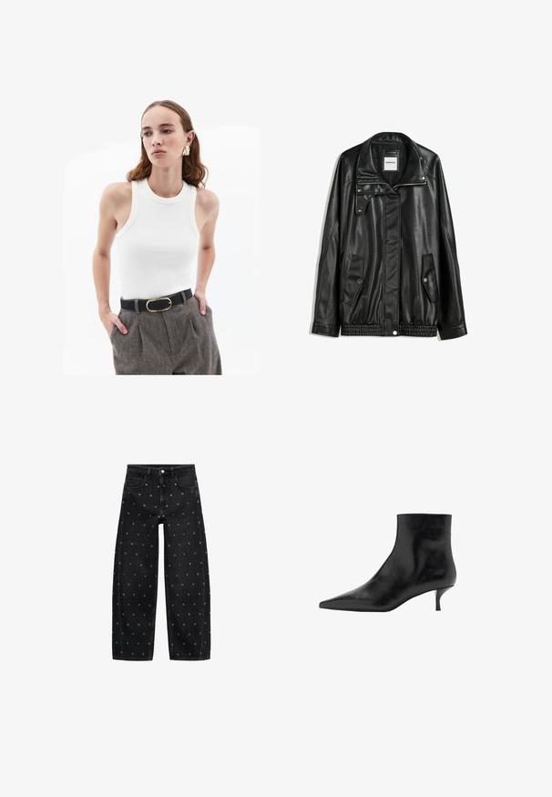 Černá kožená bunda s zipovým zapínáním, zapínáním na cvoky, dvěma bočními kapsami a elastickým lemem. Obsahuje strukturovaný límec a hladkou texturu.; Bílý žebrovaný top bez rukávů s kulatým výstřihem, zdobený béžovým lemem. Spárován se šedými, texturovanými kalhotami s vysokým pasem a černým opaskem se zlatou sponou.; Černé denimové široké kalhoty s vzorem malých stříbrných očínek, klasickým pětikapsovým designem a zapínáním na knoflík.; černá kožená kotníčková bota s špičatou špičkou, štíhlým jehlovým podpatkem a hladkým povrchem. Jednoduchý design, bez dekorativních prvků.