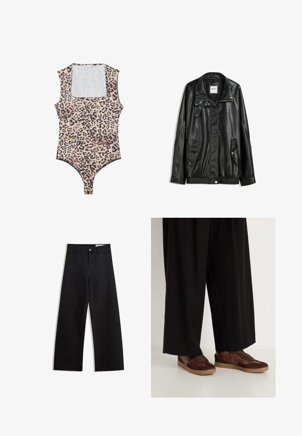 Črna usnjena jakna z zadrgo spredaj, zapiranjem na gumb, dvema stranskima žepoma in elastičnim robom. Ima strukturiran ovratnik in gladko teksturo.; Bodysuit z leopardjim vzorcem s krožnim izrezom, brez rokavov, mehke tkanine in gumbom za zapiranje na dnu. Barvna paleta vključuje bež in črno.; Črne široke denim hlače z visokim pasom, ki imajo sprednje in zadnje žepe, šivane šive ter gumbasto zapiranje. Gladka tekstura.; Rjave superge z mešanim materialom, ki vključuje še sueden in kačji vzorec, okroglo konico, zavezovanje s čipko in teksturiran gumijast podplat.