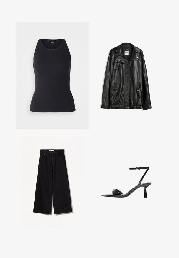 Črna usnjena jakna z zadrgo spredaj, zapiranjem na gumb, dvema stranskima žepoma in elastičnim robom. Ima strukturiran ovratnik in gladko teksturo.; Abercrombie & Fitch HIGHNECK 4WAY CURVE HEM CAMI - Top - black beauty; Bershka WIDE-LEG - Široke hlačnice - black; Bershka Sandali z visoko peto - black
