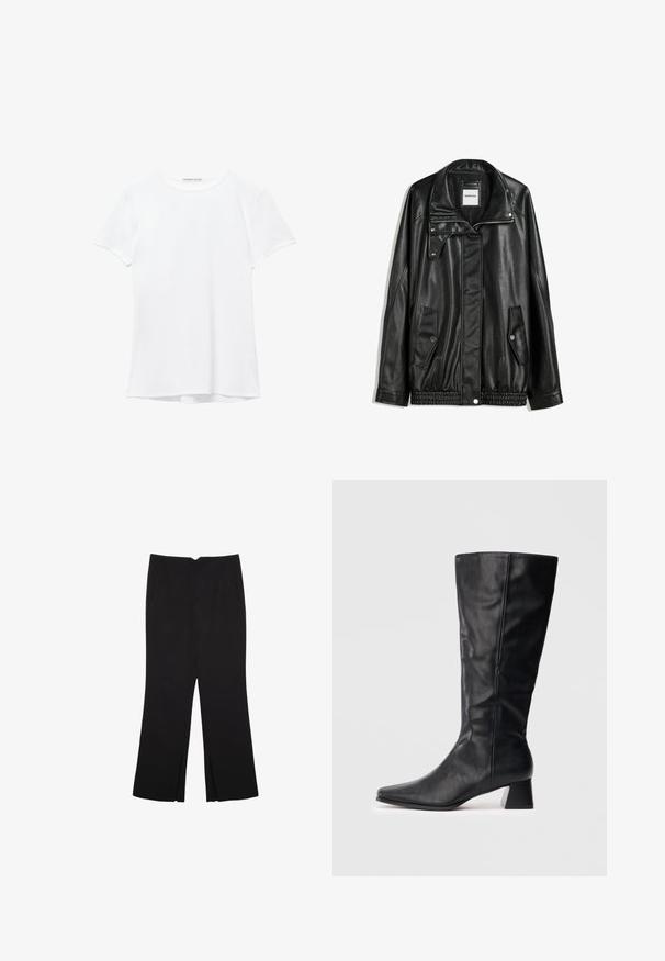 Črna usnjena jakna z zadrgo spredaj, zapiranjem na gumb, dvema stranskima žepoma in elastičnim robom. Ima strukturiran ovratnik in gladko teksturo.; Bela kratka majica s kratkimi rokavi iz gladkega materiala, ki ima okroglo ovratnico in subtilne šive na robu.; Črne hlače ravnega kroja z naglavnimi žepi in stranskimi razporki na robu. Narejene iz mehke, gladke tkanine. Primerne za različne priložnosti.; Črne usnjene škornje do meč s koničastim nosom in pravokotnim peto na enostavni svetli podlagi.