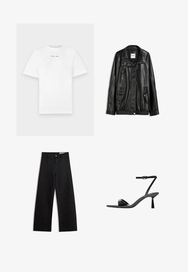 Jachetă din piele neagră cu fermoar frontal, închidere cu capse, două buzunare laterale și tiv elastic. Prezintă un guler structurat și o textură netedă.; Tricou alb din bumbac cu mâneci scurte, guler rotund și text imprimat negru "SAMSØE SAMSØE" pe piept. Textură netedă și croială regulară.; Pantaloni din denim negri cu picioare largi, cu talie înaltă, având buzunare frontale și posterioare, cusături dublate și închidere cu nasture. Textură netedă.; Bershka Sandale cu toc - black