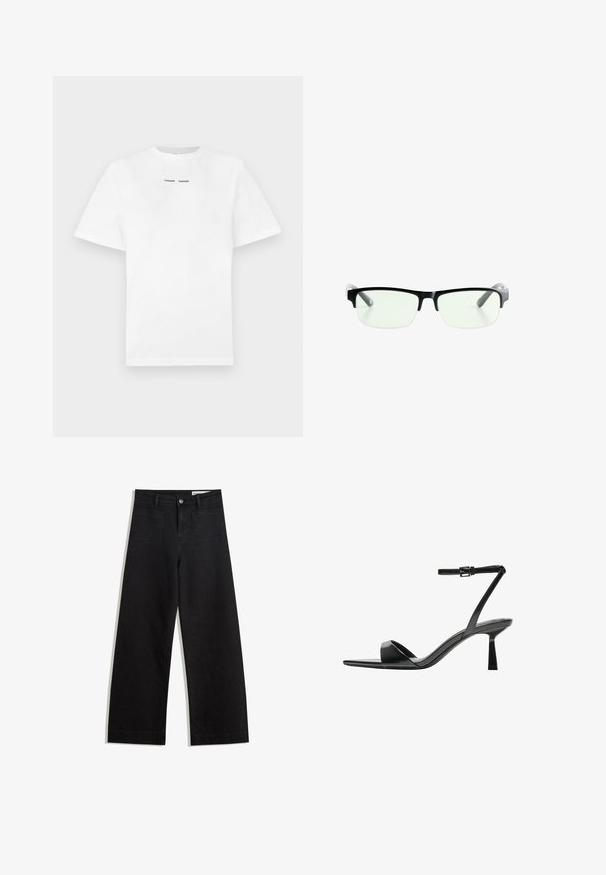 Jachetă din piele neagră cu fermoar frontal, închidere cu capse, două buzunare laterale și tiv elastic. Prezintă un guler structurat și o textură netedă.; Tricou alb din bumbac cu mâneci scurte, guler rotund și text imprimat negru "SAMSØE SAMSØE" pe piept. Textură netedă și croială regulară.; Pantaloni din denim negri cu picioare largi, cu talie înaltă, având buzunare frontale și posterioare, cusături dublate și închidere cu nasture. Textură netedă.; Bershka Sandale cu toc - black; Ochelari de vedere rectangulari negri, cu lentile clare, având rame negre elegante și vârfuri de brad transparente gri. Design minimalist, fără marcaje vizibile.