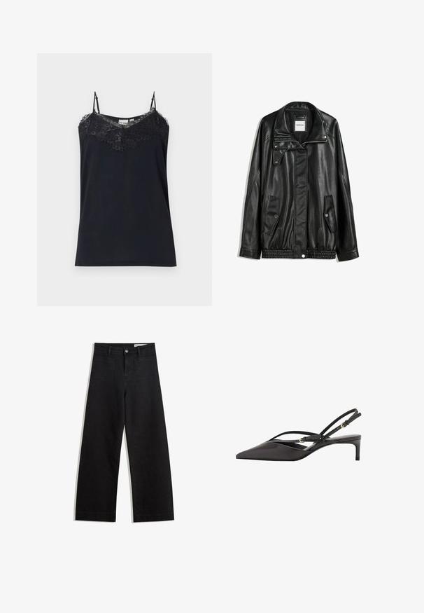 Czarna skórzana kurtka z zamkiem błyskawicznym z przodu, z zapięciem na napy, dwoma bocznymi kieszeniami i elastycznym dołem. Ma wyprofilowany kołnierz i gładką teksturę.; Czarny top na ramiączkach z cienkimi regulowanymi paskami i koronkowym wykończeniem przy dekolcie. Gładka struktura, dopasowany krój i postrzępione krawędzie koronki.; Czarne dżinsowe spodnie o szerokich nogawkach i wysokim stanie, z przednimi i tylnymi kieszeniami, przeszyciami oraz zapięciem na guziki. Gładka struktura.; Czarne skórzane czółenka na odkrytej pięcie z szpiczastym noskiem, smukłymi paskami wokół kostki i niskim obcasem w kształcie stiletto. Gładka tekstura z minimalistycznym wzornictwem.
