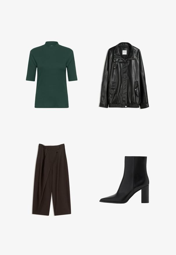 Schwarze Lederjacke mit Reißverschluss vorne, Knopfverschluss, zwei seitlichen Taschen und elastischem Saum. Verfügt über einen strukturierten Kragen und eine glatte Textur.; Dunkelgrünes, geripptes Kurzarmoberteil mit hochgeschlossenem Kragen und figurnaher Silhouette. Glatte Textur, minimalistisches Design, keine sichtbaren Muster oder Akzente.; Dunkelbraune, weite Hosen mit hohem Bund, die über einen einzigen Knopfverschluss und eine gefaltete Vorderseite verfügen. Hergestellt aus leichtem Stoff.; Schwarze Leder-Ankle Boots mit spitzem Zehenbereich, quadratischem Absatz, glatter Textur und Nähten entlang der Nähte. Die Absätze messen ungefähr 8,9 cm.