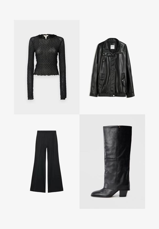 Schwarze Lederjacke mit Reißverschluss vorne, Knopfverschluss, zwei seitlichen Taschen und elastischem Saum. Verfügt über einen strukturierten Kragen und eine glatte Textur.; Schwarzes Langarmoberteil aus strukturiertem Spitzenstoff, mit einem gewellten Ausschnitt und einer engen Passform im kurvenreichen Schnitt.; Schwarze weit geschnittene Hose mit glatter Textur, ausgestattet mit Frontfalten und einem taillierten Design. Der Stoff ist leicht und fließend.; Schwarzer Leder-Kniehochstiefel mit spitz zulaufender Zehenpartie, Blockabsatz und einer glatten Texturierung. Erwähnenswerte Nahtdetails am Schaft.