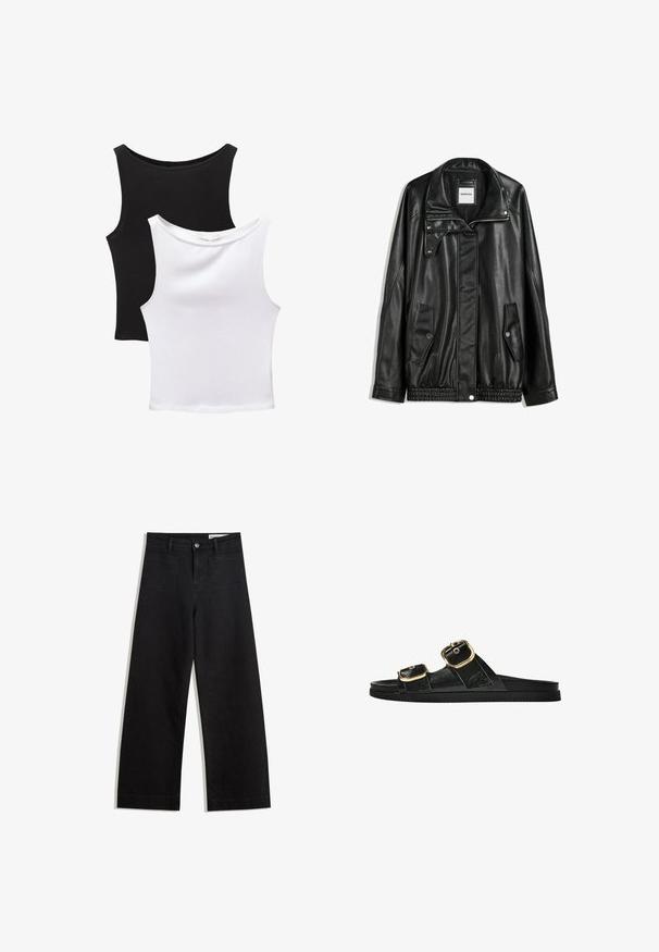 Mustat nahkatakki vetoketjulla edessä, napilla suljettava, kahdella sivutaskulla ja elastisella helmalla. Ominaisuuksiin kuuluu muotoiltu kaulus ja sileä pinta.; Kaksi hihattomaa toppia mustana ja valkoisena, valmistettu puuvillasta. Ominaisuuksina pyöreät pääntiet ja kapea muotoilu, joissa on sileä pinta.; Mustat leveät farkut korkealla vyötäröllä, joissa on etu- ja takataskut, ommellut saumat ja nappisuljenta. Silkinoinen rakenne.; Musta liukusandaali, jossa on kaksi kultaisesta solkesta tehtyä korostusta, sileäpintainen materiaali, litteä pohja ja minimalistinen muotoilu.