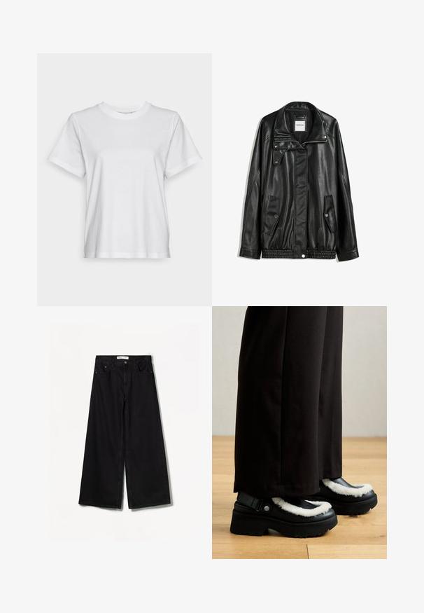 Black leather jacket with zippered front, snap-button closure, two side pockets, and elasticized hem. Features a structured collar and smooth texture.; White cotton t-shirt with short sleeves, round neck, and a relaxed fit. Smooth texture, no patterns or graphics, basic design.; Bershka WIDE-LEG - Wide Leg - black; Black platform shoes feature a white furry trim, rounded toe, and strap with a metal button. Worn with black pants on a wooden floor.