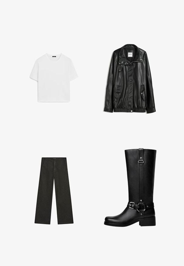 Černá kožená bunda s zipovým zapínáním, zapínáním na cvoky, dvěma bočními kapsami a elastickým lemem. Obsahuje strukturovaný límec a hladkou texturu.; Bílá zkrácená trička s kulatým výstřihem a krátkými rukávy, vyrobená z měkké bavlny. Hladký povrch, bez vzorů a akcentů.; Široké černé džíny s středním pasem, dvěma předními kapsami a čistým, minimalistickým designem bez viditelných ozdob.; Vysoké černé boty z umělé kůže s kulatou špičkou, detailem s přezkou na pásku a širokým podpatkem. Hladký povrch a vertikální šev na holeně.