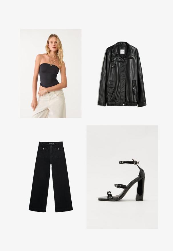 Černá kožená bunda s zipovým zapínáním, zapínáním na cvoky, dvěma bočními kapsami a elastickým lemem. Obsahuje strukturovaný límec a hladkou texturu.; Černý top bez ramínek vyrobený z elastické tkaniny, přiléhavý design, hladká textura. V kombinaci s krémovými džínami s širokým střihem a vrstvenými náhrdelníky.; Černé široké džíny s vysokým pasem, obsahující dvě přední kapsy a kovové knoflíkové detaily. Látka má hladkou texturu.; Černé lakované sandály na podpatku se čtveratou špičkou, lýtkovými pásky a stříbrnými přezkami. Disponují masivním blokovým podpatkem pro stabilitu.