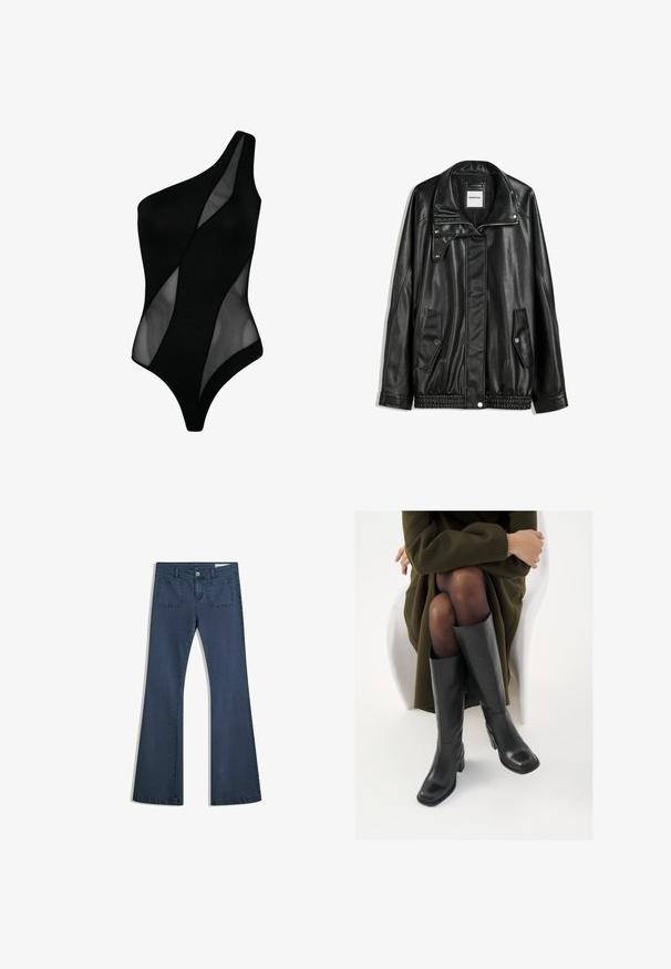 Schwarze Lederjacke mit Reißverschluss vorne, Knopfverschluss, zwei seitlichen Taschen und elastischem Saum. Verfügt über einen strukturierten Kragen und eine glatte Textur.; Schwarzer Ein-Schulter-Badeanzug mit einer Kombination aus festen und transparenten Einsätzen, glatter Textur und figurbetontem Design.; Dunkelblaue, ausgestellte Jeans aus Denim mit genähten Taschen, einem Knopfverschluss und einer glatten Textur. Mit einem klassischen Fünf-Taschen-Design.; Knöchelhöhe schwarze Lederstiefel mit quadrater Spitze und Blockabsatz, gezeigt mit einem Modell, das einen olivgrünen Mantel trägt. Glatte Textur, minimale Details.