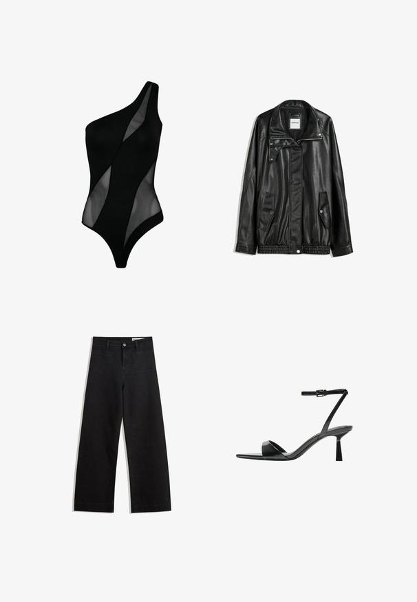 Zwarte leren jas met rits aan de voorkant, drukknopen-sluiting, twee zijzakken en elastische onderrand. Beschikt over een gestructureerde kraag en een gladde textuur.; Zwart badpak met één schouder, voorzien van een combinatie van solide en doorschijnende panelen, een gladde textuur en een nauwsluitend ontwerp.; Zwarte denim broek met wijde pijpen en een hoge taille, voorzien van voor- en achterzakken, gestikte naden en een knoopsluiting. Gladde textuur.; Bershka Sandalen met hoge hak - black