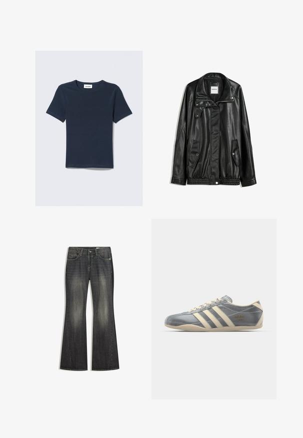Črna usnjena jakna z zadrgo spredaj, zapiranjem na gumb, dvema stranskima žepoma in elastičnim robom. Ima strukturiran ovratnik in gladko teksturo.; Mornarsko modra majica s kratkimi rokavi in okroglim izrezom. Narejena je iz mehkega blaga, na vratu se nahaja oznaka "WEEKDAY".; Pasastovne temno modre kavbojke z rahlo bledilom, pet žepov in kontrastnim šivom, s standardnim gumbom in zadrgo.; Sive satenaste športne čevlje z bež usnjenimi poudarki, tremi črtami in zlatim logotipom "adidas Tokio". Nizkokotni dizajn z teksturiranimi gumijastimi podplati.