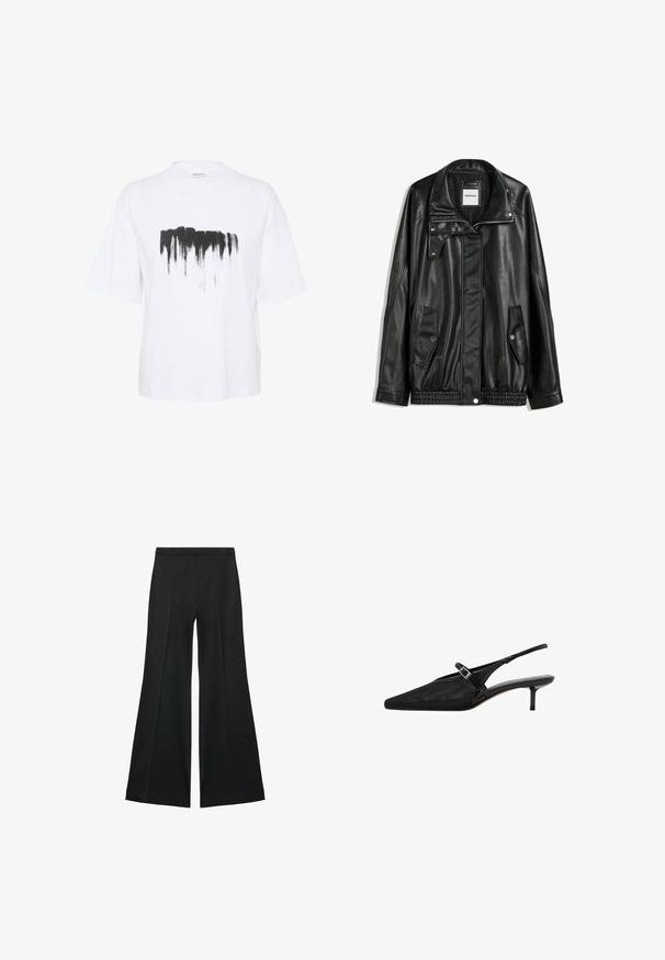 Čierna kožená bunda s predným zipsom, skladacím zapínaním, dvoma bočnými vreckami a elastickým spodným okrajom. Má štruktúrovaný golier a hladkú textúru.; Biela bavlnená tričko s voľným strihom, s čiernym potlačou v štýle štetca cez hruď a krátkymi rukávmi.; Čierne široké nohavice s hladkou textúrou, s prednými záhybmi a elegantným strihom. Materiál je ľahký a pruhlý.; Čierne slingback topánky na vysokom podpätku s bodkovanými špičkami, textúrovaným sieťkovým zvrškom, štíhlym nastaviteľným popruhom so striebornou sponou a 5 cm stiletto podpätkami.