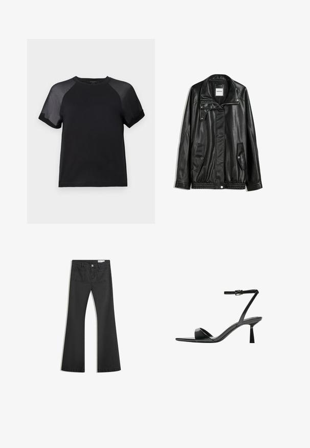 Fekete bőrkabát cipzáros elejével, patentos záródással, két oldalsó zsebbel és elasztikus aljjal. Struktúrált gallérral és sima textúrával rendelkezik.; AllSaints ANNIE TEE - Basic póló - black; Fekete, sima textúrájú farmer flare nadrág, két hátsó zsebbel és gombos derékkal.; Bershka Magas sarkú szandálok - black