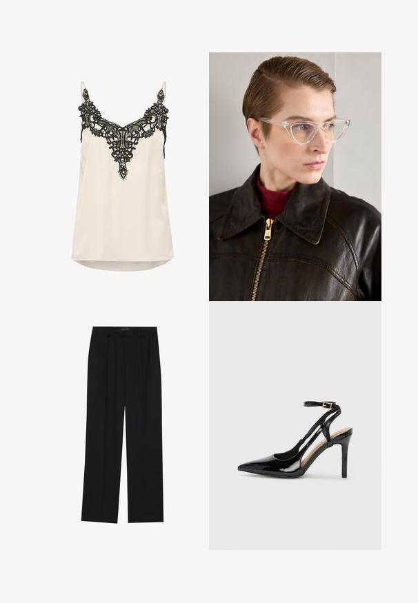 Veste en cuir noir avec fermeture éclair à l'avant, patte de boutonnage, deux poches latérales et ourlet élastiqué. Elle présente un col structuré et une texture lisse.; Camisole en satin crème avec un délicat bord en dentelle noire autour de l'encolure et des bretelles spaghetti réglables. L'ourlet est légèrement arrondi.; Pantalons noirs à coupe droite, dotés de deux poches avant et d'une taille. Fabriqués dans un tissu lisse et léger.; Escarpin en cuir verni noir à talon haut, avec un bout pointu, une bride réglable à la cheville et des côtés ouverts. Texture lisse.; Lunettes en acétate transparent en forme de yeux de chat avec des verres jaunes, portées par une personne en veste en cuir noir et en col roulé rouge. Texture lisse.