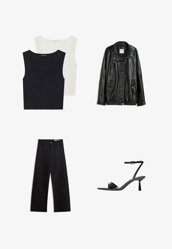 Crna kožna jakna s patentnim zatvaračem sprijeda, zatvaračem na gumbe, dvjema bočnim džepovima i elastičnim rubom. Ima strukturirani ovratnik i glatku teksturu.; Dva rebrasta topa s tankim naramenicama u crnoj i bijeloj boji. Oba imaju kvadratni izrez, tanje naramenice i mekan, teksturiran materijal.; Crne široke traperice s visokim strukom, s prednjim i stražnjim džepovima, šivenim šavovima i kopčanjem na gumb. Glatka tekstura.; Bershka Sandale s visokom petom - black