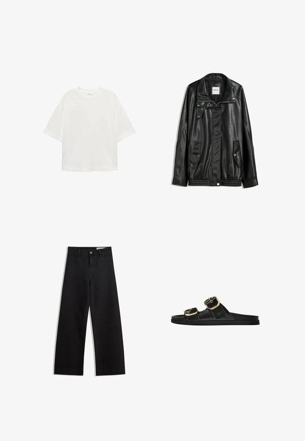Jachetă din piele neagră cu fermoar frontal, închidere cu capse, două buzunare laterale și tiv elastic. Prezintă un guler structurat și o textură netedă.; Tricou alb cu mânecă scurtă, guler rotund, croială lejeră, fabricat dintr-un material moale. Fără modele sau accente, având o linie de tiv standard.; Pantaloni din denim negri cu picioare largi, cu talie înaltă, având buzunare frontale și posterioare, cusături dublate și închidere cu nasture. Textură netedă.; Sandalie negre cu toc plat, cu două accente de cataramă aurie, din material texturat neted și design minimalist.