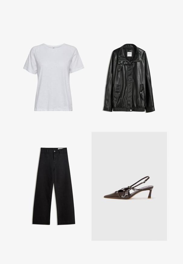Čierna kožená bunda s predným zipsom, skladacím zapínaním, dvoma bočnými vreckami a elastickým spodným okrajom. Má štruktúrovaný golier a hladkú textúru.; Biela tričko s krátkym rukávom vyrobené z ľahkej tkaniny, s okrúhlym výstrihom, hladkou textúrou a jednoduchým dizajnom bez vzorov.; Čierne denimové nohavice s širokými nohavicami a vysokým pásom, so prednými a zadnými vreckami, šitými švami a zapínaním na gombík. Hladká textúra.; Hnedé lakované kožené lodičky na podpätku s špicatou špičkou, nastaviteľné popruhy a dekoratívne spony na prednej strane. Výška podpätku 3 palce.