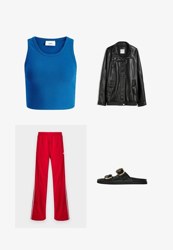 Fekete bőrkabát cipzáros elejével, patentos záródással, két oldalsó zsebbel és elasztikus aljjal. Struktúrált gallérral és sima textúrával rendelkezik.; Kék bordázott crop top széles nyakkivágással, ujjatlan kivitelben, és a nyakkivágás közepén elhelyezett "JJXX" felirattal.; Piros sportnadrág laza szabással, elasztikus derékpánttal, két oldalzsebbel és fehér oldalsávokkal. Simább, szintetikus anyagból készült.; Fekete csúszó szandál, két arany csattal, sima textúrájú anyagból, lapos talppal és minimalista dizájnnal.