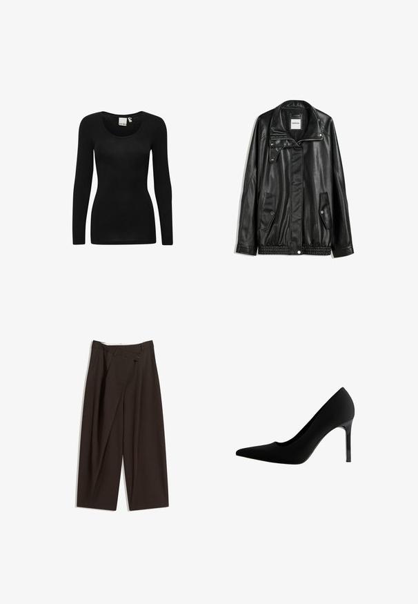 Black leather jacket with zippered front, snap-button closure, two side pockets, and elasticized hem. Features a structured collar and smooth texture.; Black long-sleeve top with a rounded neckline, made from a soft, stretchy fabric. Features a fitted silhouette and minimalistic design.; Dark brown wide-leg trousers with a high waist, featuring a single button closure and a pleated front. Made from lightweight fabric.; Black high-heeled pump with a pointed toe, smooth matte material, slender stiletto heel, and a subtle cutout at the arch.