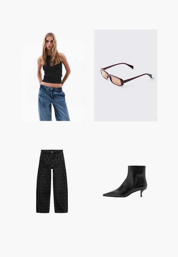 Černá kožená bunda s zipovým zapínáním, zapínáním na cvoky, dvěma bočními kapsami a elastickým lemem. Obsahuje strukturovaný límec a hladkou texturu.; Černý žebrovaný top bez rukávů v kombinaci s volnými modrými džínami. Džíny mají klasický pětikapsový design a zapínání na knoflík.; Černé denimové široké kalhoty s vzorem malých stříbrných očínek, klasickým pětikapsovým designem a zapínáním na knoflík.; černá kožená kotníčková bota s špičatou špičkou, štíhlým jehlovým podpatkem a hladkým povrchem. Jednoduchý design, bez dekorativních prvků.; Bordové sluneční brýle s obdélníkovými rámy, gradientovými skly a elegantními nohami. Materiál má hladký, lesklý povrch.