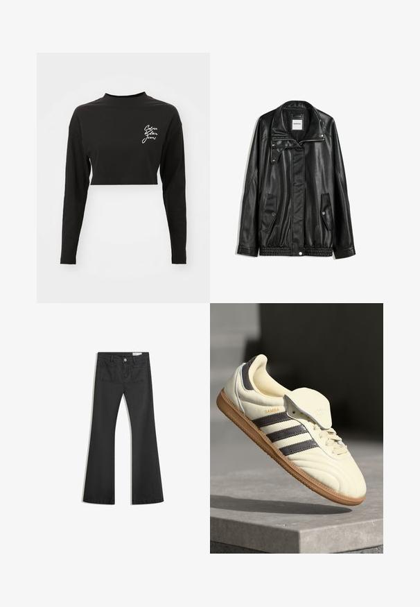 Black leather jacket with zippered front, snap-button closure, two side pockets, and elasticized hem. Features a structured collar and smooth texture.; Black long-sleeve crop top made of soft cotton, featuring a high neckline and a white logo on the left chest area.; Black flared jeans made of denim with a smooth texture, featuring two back pockets and a button closure at the waist.; Cream leather sneaker with three dark stripes, a brown gum outsole, and a rounded toe. Features a foldable tongue labeled "SAMBA."