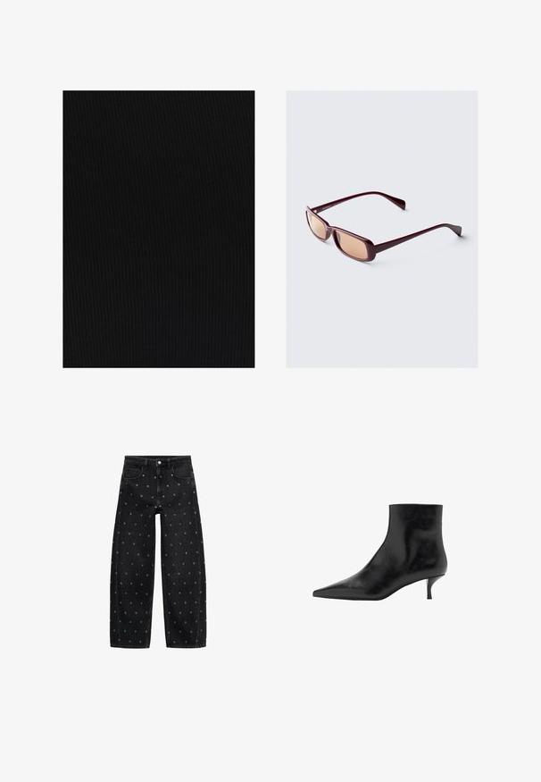 Černá kožená bunda s zipovým zapínáním, zapínáním na cvoky, dvěma bočními kapsami a elastickým lemem. Obsahuje strukturovaný límec a hladkou texturu.; Černá žebrovaná tkanina s texturovaným povrchem; má vertikální proužky vytvářející vzor. Materiál se zdá být měkký a pružný.; Černé denimové široké kalhoty s vzorem malých stříbrných očínek, klasickým pětikapsovým designem a zapínáním na knoflík.; černá kožená kotníčková bota s špičatou špičkou, štíhlým jehlovým podpatkem a hladkým povrchem. Jednoduchý design, bez dekorativních prvků.; Bordové sluneční brýle s obdélníkovými rámy, gradientovými skly a elegantními nohami. Materiál má hladký, lesklý povrch.