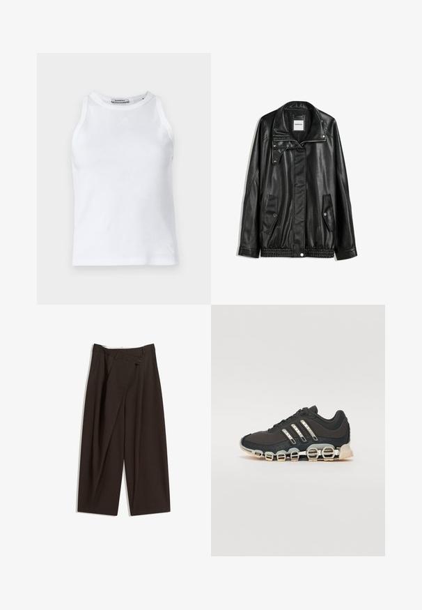 Fekete bőrkabát cipzáros elejével, patentos záródással, két oldalsó zsebbel és elasztikus aljjal. Struktúrált gallérral és sima textúrával rendelkezik.; Fehér bordázott ujjatlan póló, kerek nyakkivágással, és kis logóval az elülső részen. Sima textúrával és testhezálló fazonnal rendelkezik.; Sötétbarna, bő szárú nadrág magas derékkal, egyetlen gombos záródással és redős elülső résszel. Könnyű anyagból készült.; Fekete sportcipő texturált felsőrésszel, három ezüst csíkkal, és egy jellegzetes párnázott talppal, amely több integrált szakaszból áll.