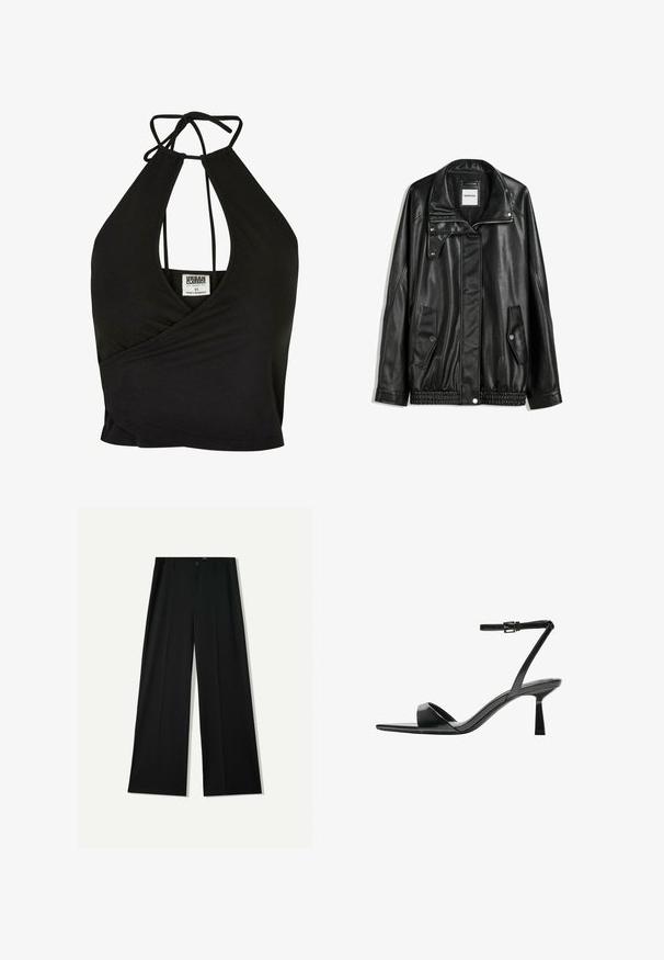 Black leather jacket with zippered front, snap-button closure, two side pockets, and elasticized hem. Features a structured collar and smooth texture.; Black halter neck crop top made of soft fabric, featuring a deep V-neck and wrap design. Ties at the back for an adjustable fit.; Bershka WIDE - Trousers - black; Bershka High heeled sandals - black