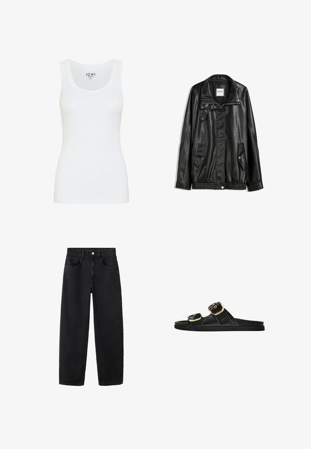 Čierna kožená bunda s predným zipsom, skladacím zapínaním, dvoma bočnými vreckami a elastickým spodným okrajom. Má štruktúrovaný golier a hladkú textúru.; Biely tielko vyrobené z hladkej látky. Má okrúhly výstrih a široké ramienka. Mierne priliehavý strih bez viditeľných vzorov alebo ozdôb.; Čierne denimové džínsy so striha v rovnom strihu, obsahujúce päť vreciek, gombíkový zips a klasický dizajn. Mäkká textúra s čistým dokončením.; Čierne šľapky s dvoma zlatými prackami, hladký textúrovaný materiál, plochá podrážka a minimalistický dizajn.
